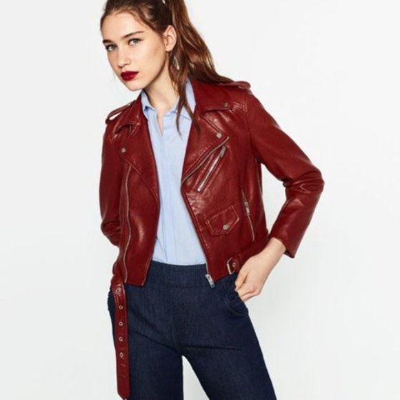 zara red faux leather jacket